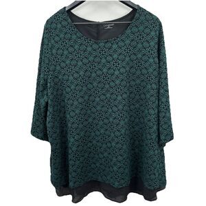 Catherines Tunic Top Plus Size 3X Greene Black Lace Layered 3/4 Sleeve Scoop
